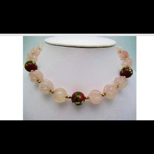 Vtg  Chunky Carved Rose Quartz Pink Cloisonné  14k